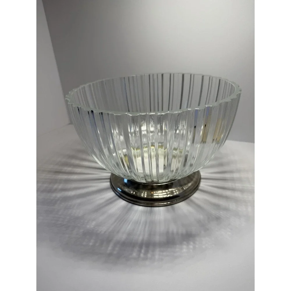 Vintage Made in Italy Ribbed Glass Pedestal Bowl Chrome Base Centerpiece Fruit